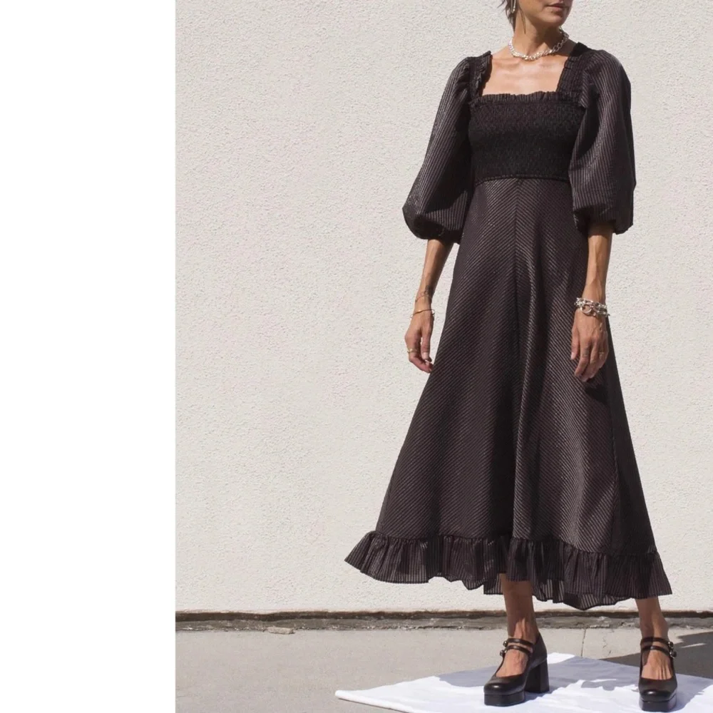 NWT 🖤 GANNI Seesucker Puff-Sleeve Midi Dress - Picture 5 of 12